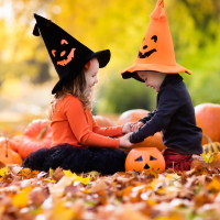 Enfants en chapeaux de sorcière profitant de snacks Halloween sains, entourés de citrouilles.