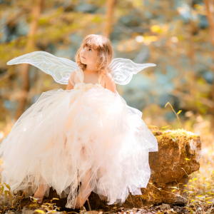 Une petite fille aux ailes de fée dans une forêt magique