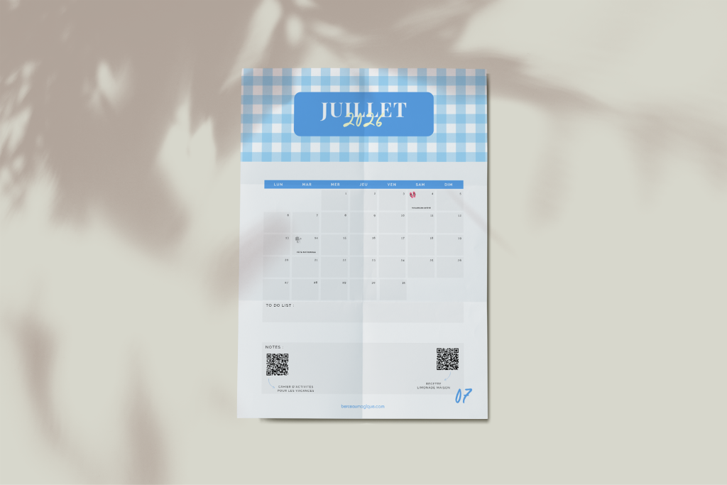 calendrier juillet 2026 motif été à imprimer