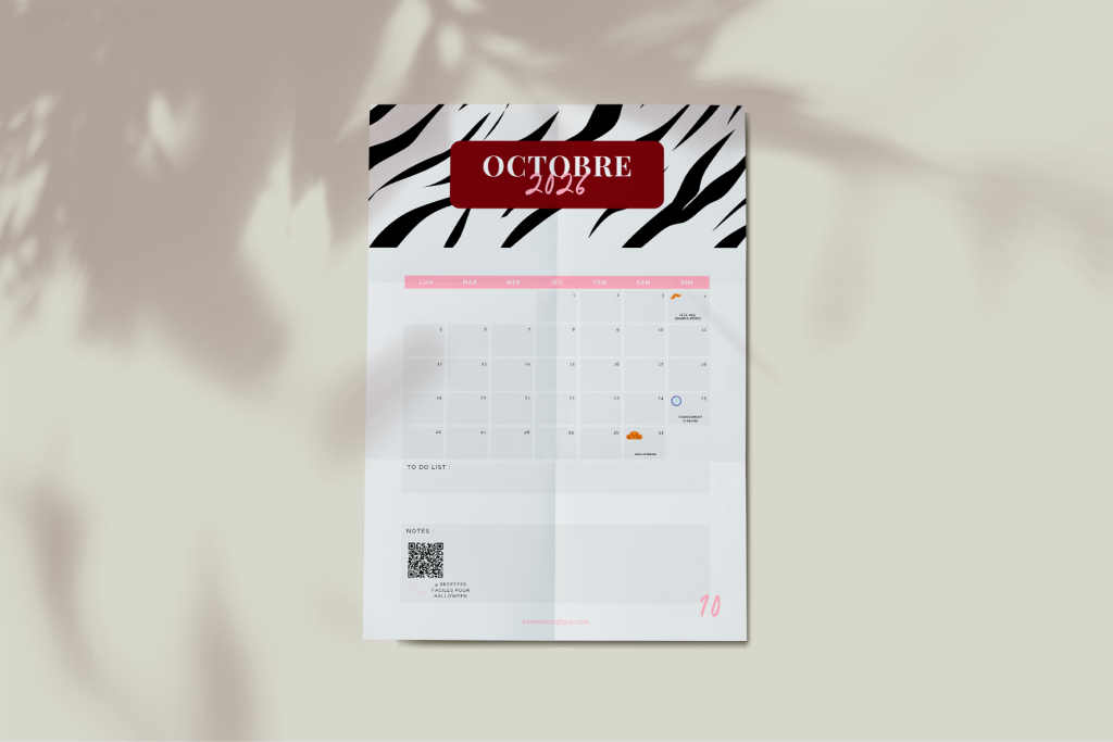 calendrier octobre 2026 à imprimer avec motif zébré