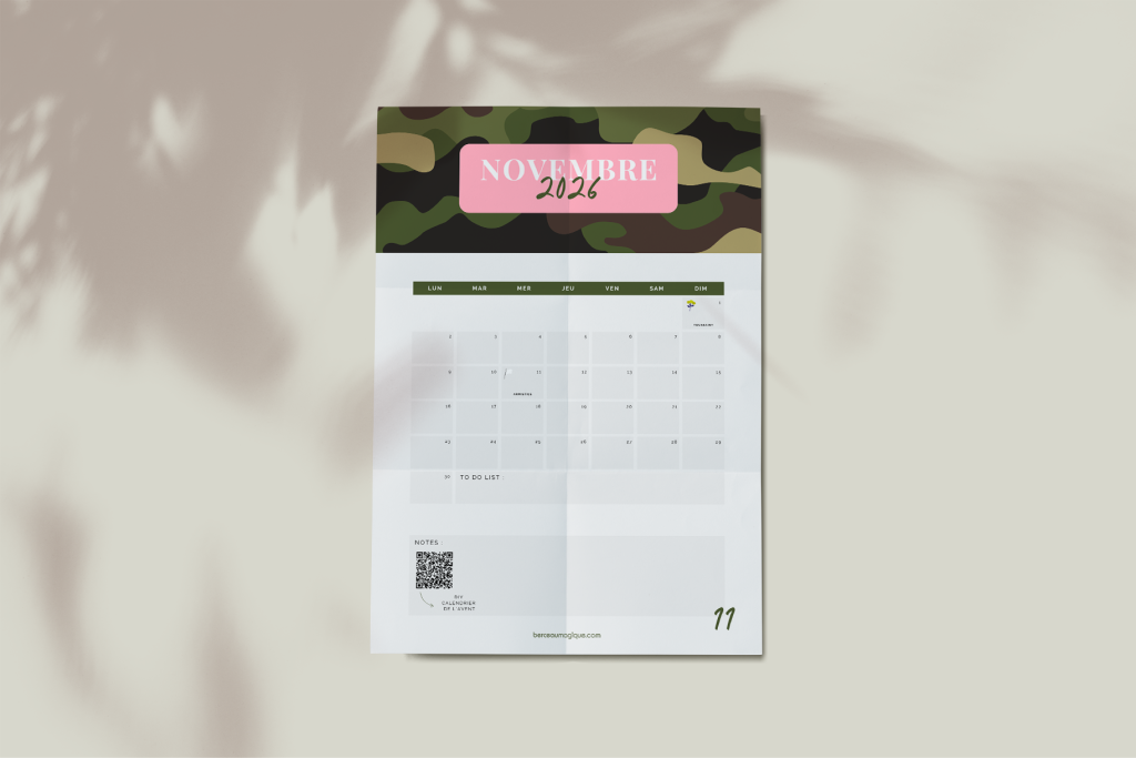 Calendrier novembre 2026 au design camouflage